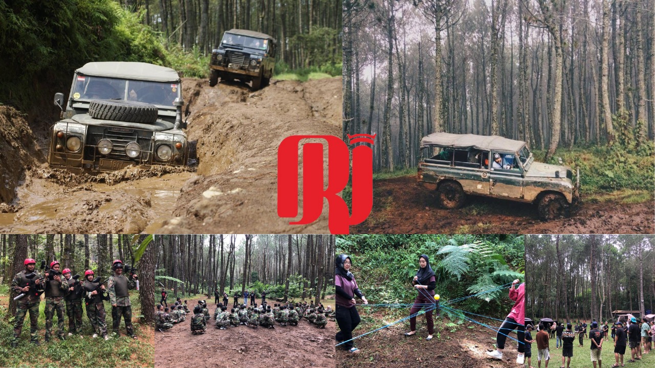 Peserta gathering perusahaan berfoto bersama usai outbound di Lembang